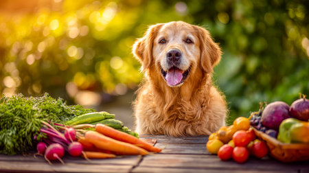A joyful canine amid an array of vibrant, ripe produce outdoors, radiating contentment and natural freshness in a lively, sunlit setting.の写真素材