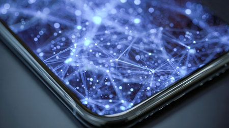 A vibrant, intricate web of glowing lines and nodes scrolls across a mobile device, illustrating...
