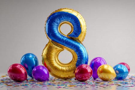 A lively scene filled with an array of bright balloons and a prominent metallic number 8 balloon,...