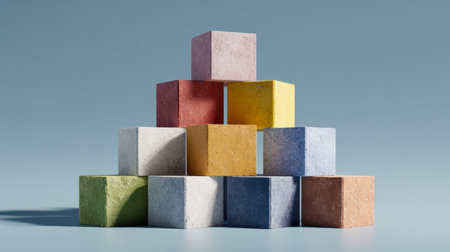 A vibrant, orderly stack of lively, patterned cubes forms a tidy pyramid, set against a sleek blue...