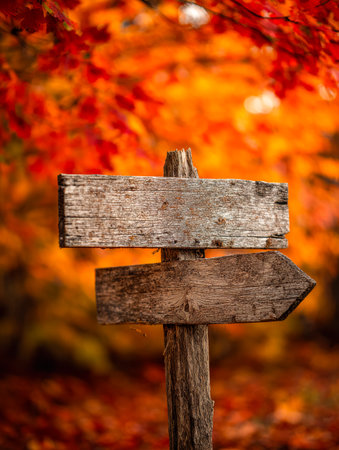 A weathered timber marker stands surrounded by a tapestry of fiery leaves, evoking a peaceful, nostalgic fall scene perfect for outdoor adventures or seasonal promotions.の写真素材