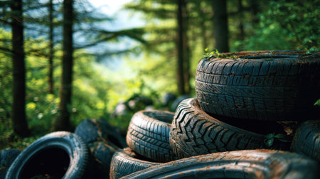 Vibrant greenery surrounds a neglected pile of worn tires, creating a striking contrast between nature?s serenity and human neglect in a tranquil woodland scene.の写真素材