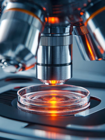 A researcher examines a sample under an illuminated, high-resolution microscope, focusing on a petri...