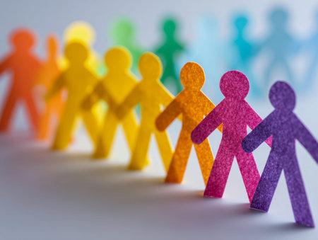 Brightly decorated paper dolls symbolize togetherness and variety, arranged sequentially on a clean surface amid a gentle, vibrant backdrop.の写真素材