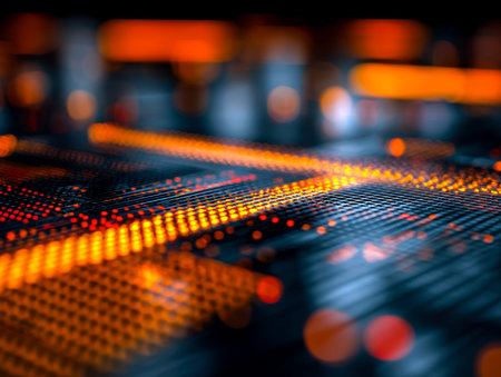 A futuristic scene featuring a glowing, multicolored grid pattern amid sleek digital interfaces,...