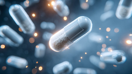 A detailed digital depiction of tiny, bead-filled capsules drifting through the cosmos, symbolizing...
