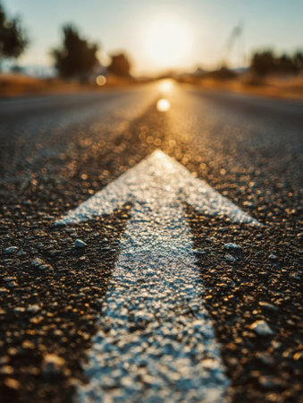 A crisp white directional mark guides the eye along a sunlit path, with golden hues igniting the...