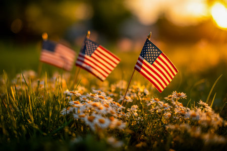 Vibrant red, white, and blue banners flutter among white daisies as the golden hour casts a warm...