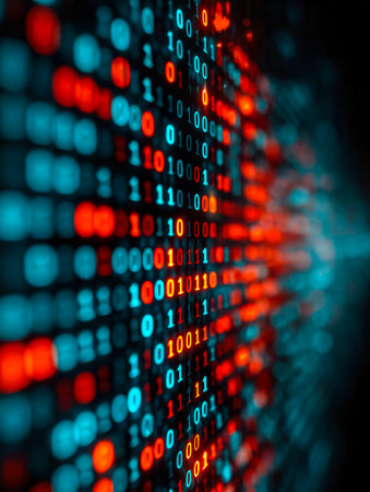 Dynamic waves of luminous red and blue binary digits flow across a sleek, futuristic backdrop,...