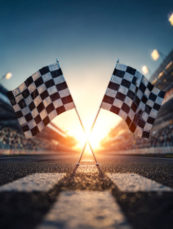 At sunset, runners cross the finish line amid waving flags, capturing a moment of achievement and...