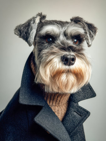 A chic schnauzer sports an elegant coat and cozy sweater, exuding charm and sophistication, perfect...