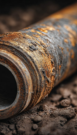 A weathered metal conduit with rough, flaky rust rests atop earthy soil, capturing a sense of decay...