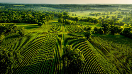 Vibrant fields of cultivated greenery stretch uniformly, bordered by tall trees, all basking under a...