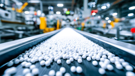 Sleek robotic arms assemble pure white globes on a high-tech conveyor, embodying efficiency and...