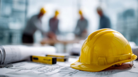 A focused team reviews detailed blueprints and safety gear, collaborating in a sleek office space to...