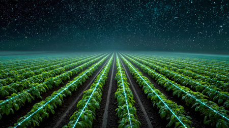 A hi-tech farmscape beneath a cosmic sky, featuring luminous flora and sleek, glowing pathways that...