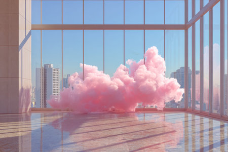 A dreamy pink mist and a vivid cloud are suspended within sleek glass walls, overlooking a bustling...