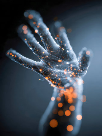 A sleek, high-tech cybernetic hand illuminated by vibrant neural pathways and luminous nodes,...