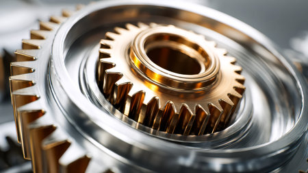 Gleaming mechanical components interlock in precise harmony, their polished surfaces revealing...