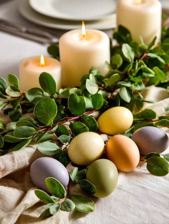 A refined table display featuring glowing candles, vibrant decorative eggs, and abundant foliage...