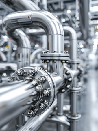 A complex network of polished stainless steel tubes and valves weaves through a manufacturing...
