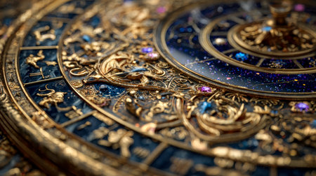 An elaborate timepiece blending cosmic symbols with shimmering gold highlights and vibrant gemstone embellishments, evoking celestial elegance and mystical sophistication.の写真素材
