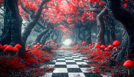 A fantastical woodland scene where gnarled trees bend unnaturally, casting eerie shadows over a...
