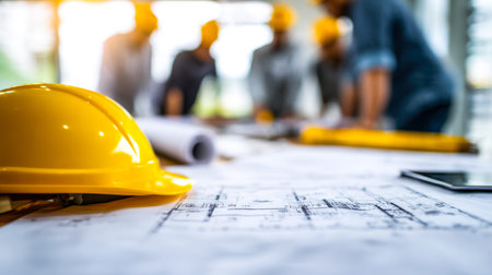 A team of professionals in safety gear discusses detailed blueprints amid workshop tools, capturing...