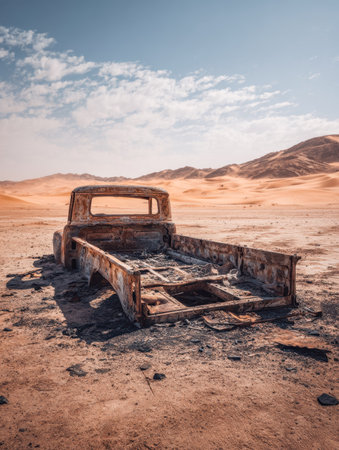 A neglected, corroded automobile rests amidst barren sands under a vast, empty sky, evoking feelings of solitude and the passage of time in a forgotten realm.の写真素材