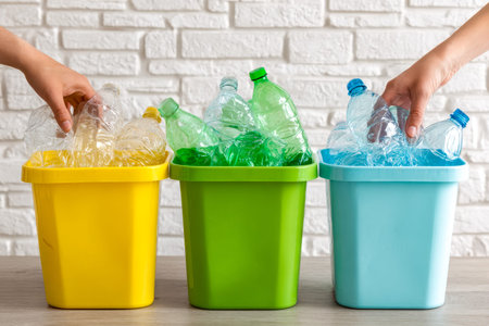 Vibrant bins in varied hues organize plastic bottles, promoting eco-friendly waste separation and...