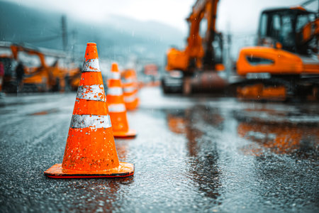 A moody scene of a damp construction zone, where vivid orange cones and massive equipment stand under a gray, rain-filled sky, capturing urban progress amid stormy weather.の写真素材
