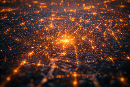 Vibrant urban skyline illuminated in the dark, featuring a luminous core and intricate digital web...