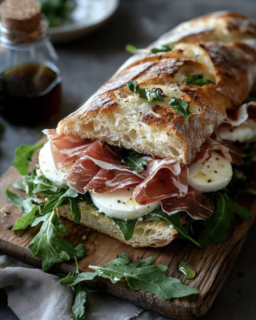 A flavorful artisan sandwich featuring peppery arugula, thin prosciutto, creamy mozzarella, and fragrant basil, stylishly arranged on aged wood.の写真素材