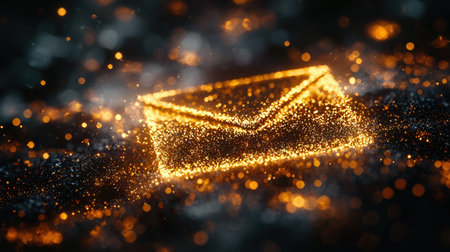 A luminous, particle-based envelope symbol emitting a radiant glow against a shadowy backdrop, evoking themes of secure digital communication and vibrの写真素材