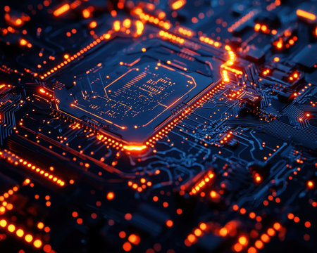 A detailed view of a sleek circuit board featuring vibrant illuminated pathways and embedded lights,...