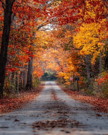 Serene winding pathway through a vibrant forest, cascading with amber, crimson, and gold leaves,...