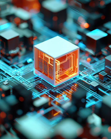 A sleek, high-tech microchip illuminated by vibrant, pulsating circuits set against a cutting-edge...