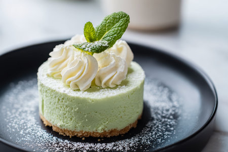 An elegant green tea mousse dessert, adorned with airy whipped cream curls and a vibrant mint leaf, presented on a sleek black plate with a light dusting of powdered sugaの写真素材