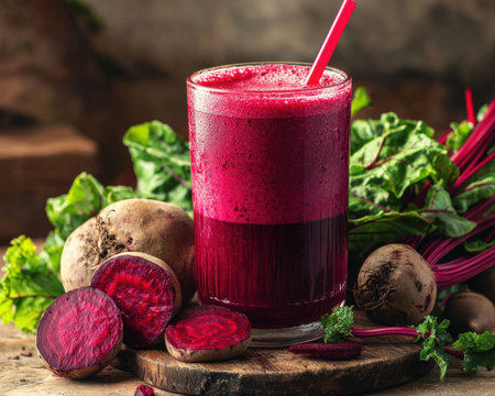 Vibrant crimson beverage served alongside fresh root vegetables on weathered wooden surface, evoking...