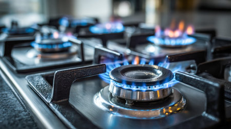 An upscale kitchen features polished stainless steel surfaces with active burners emitting vibrant...