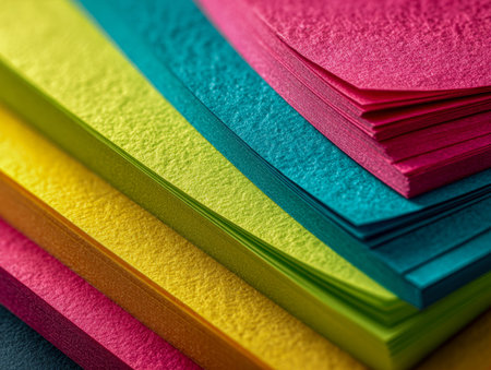 An eye-catching array of layered textured paper in vivid shades of pink, blue, yellow, green, and...