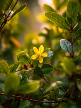 A striking yellow blossom emerges amid rich foliage, illuminated by golden sunlight, highlighting...