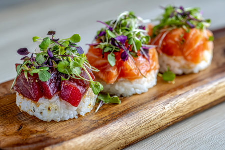 An artfully arranged platter features vibrant sushi pieces crowned with crisp microgreens,...