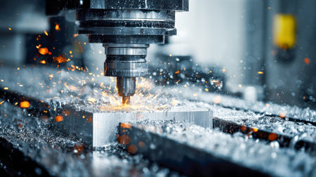 Bright sparks dance as a high-precision cutter shapes metal parts in a busy industrial workshop,...