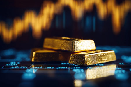 Shiny gold bullion stacked before a vibrant financial graph, highlighting wealth and market trends...