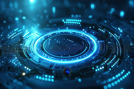 A vivid portrayal of a high-tech network with luminous blue pathways and intricate nodes, evoking...