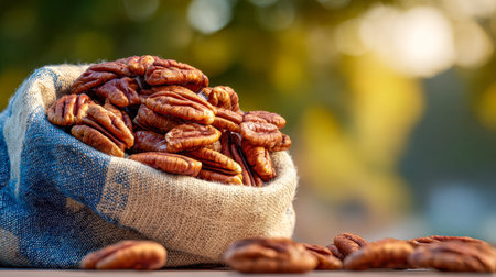 Warm sunlight highlights a rustic burlap bag overflowing with ripe pecans, their rich shells...