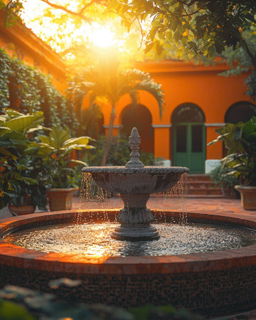 A peaceful garden scene with a gentle fountain, surrounded by vibrant greenery, illuminated by warm...