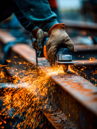 A focused craftsman energizes a metal piece with a grinding wheel, sending a shower of sparks that illuminate the workshop's gritty atmosphere.の写真素材
