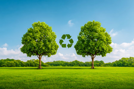 Vibrant greenery frames a bright sky featuring a prominent recycling emblem, inspiring sustainable...
